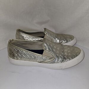 Sperry Seaside Emboss Weave Gold Leather Slip On Deck Boat Loafers Size 7.5